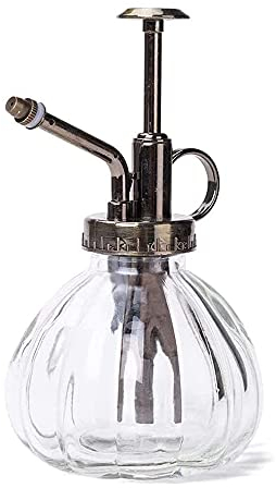 HTSM Glas Gießkanne Topf Vintage Pflanzen benebeln Messing Drucksprüher Retro Kürbis Sprühflasche Antik Kupfer Sprinkler Gartengeräte mit Pumpe Oben für Bonsai Blumen (Transparent)