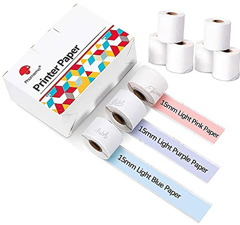 Lila/Hellblau/Hellrosa Selbstklebendes Thermopapier, glänzend bedruckbares Aufkleber Papier für M02 / M02 Pro / M02S-Serie Bluetooth-Drucker 3,5 m x 15 mm, 9 Rollen