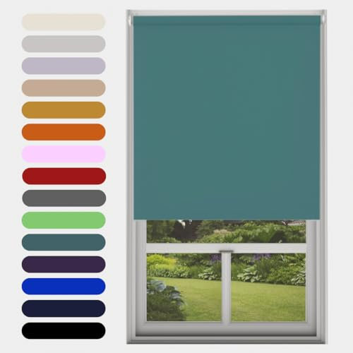 Teal Blackout Roller Blind Metal Fittings Trimmable UV Protection Thermal Properties Premium Fabric Home Office Bedroom Kids Room Child Safe Easy Fit 90cm Width x 160cm Drop