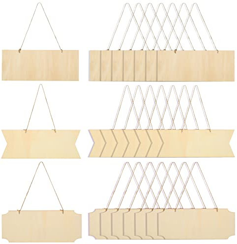 GOYADA 24PCS Hanging Wooden Plaques Sign Blanks with Rope, 25x10cm Rectangle Hanging Craft Blanks for DIY Painting Writing Home Decor