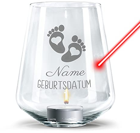 PR Print Royal Windlicht mit Gravur zur Geburt selbst gestalten - mit Name und Datum gravieren - inklusive Teelicht, personalisierte Geschenke zur Geburt | Füßchen