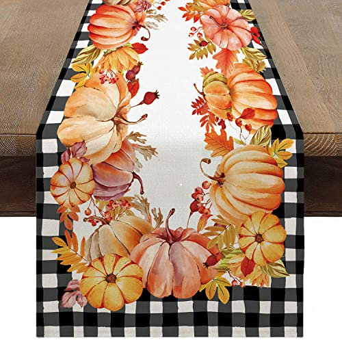 Sungeek Leinen Herbst Tischläufer, Bauernhaus Erntedankfest Herbst Themen Tischläufer Küche Esstisch Dekoration für Drinnen und Draußen Urlaub Party Wohnzimmer Dekor, 30 x 180 cm (Plaid Kürbisse)