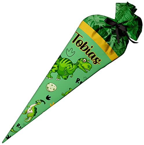 Ferocity Schultüte Dinos Groß mit Namen für Jungen, Personalisierte Tüte, 70 cm Zuckertüte aus Stoff mit runde Papprohling und Füllung aus Silikonkügelchen, große Tüte als Kissen [149]
