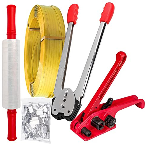 Kit completo de flejado manual de alta resistencia para un embalaje rápido y seguro, incluye tensor, sellador, correas de PET/PP, sellos y envoltura retráctil