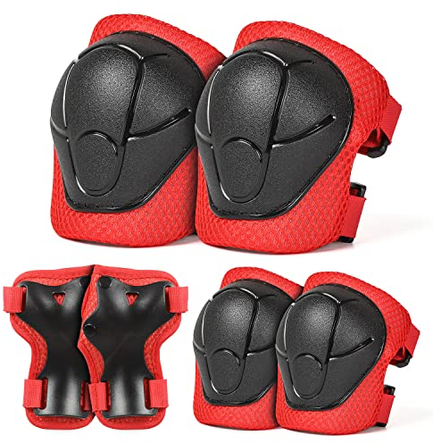Victgoal Knieschoner Kinder Schonerset Inliner Schützer, 6 in 1 Schutzausrüstung Set für 3-8 Jahre Kleinkind Jungen Mädchen, für Skateboard Roller Skating Radfahren Sport (Größe S: 3-8 Jahre, Rot)