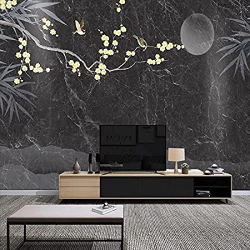 Sedomax Custom 3D Mural Oriental Style Wall Paper Black Marble Plum and Bird Wallpaper for Living Room Tv Wall Background Home Decor