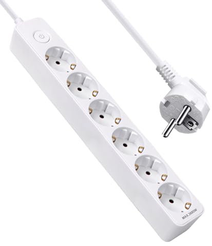 EXTRASTAR Steckdosenleiste mit 6 Steckdosen und Schalter, Verlängerungsleiste mit 6 Steckdosen, Kabel 1,4 m, für Zuhause, Büro und Reisen, 16 A, 250 V, max. 3680 W, Weiß
