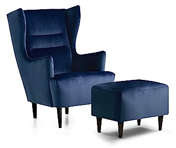 Traumnacht Ohrensessel Lukas, bequemer und moderner Relaxsessel, Polstersessel für Wohnzimmer und Esszimmer, produziert nach deutschem Qualitätsstandard, blau (Samt) + passender Fußhocker, blau (Samt)