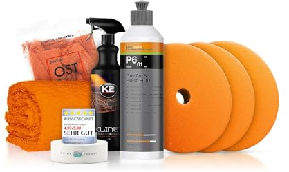ShinyFreaks Politur Set: Koch Chemie One-Step Politur + Royal Pads Polierpads + Zubehör - Auto Lack Politur, Kratzer entfernen, Aufbereitung | 7-teilig