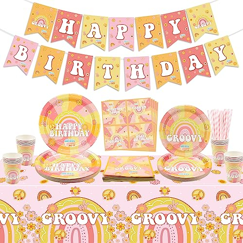 Groovy Party Decorations, Include Boho Hippie Birthday Banner, Tablecloth, Paper Plates, Cups, Napkins for Retro Hippie Boho Rainbow Dasiy Birthday Party, Two Groovy Birthday Party Decor, Serves 20