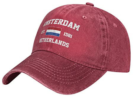 BAAROO Rot Washed Denim Niederlande Est.1581 Amsterdam Baseball Cap Herren Vintage Baumwolle Hut Unisex Hüte Damen, #1048, M/Einheitsgröße