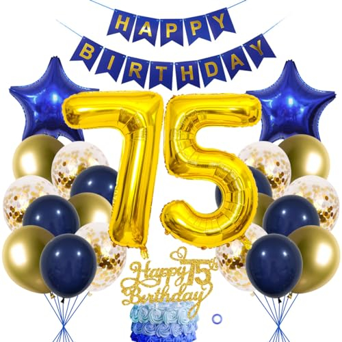 SNOWZAN 75. Geburtstag Dekorationen Blau Gold frauen Männer Deko 75 Geburtstag Männer 75 Jahre geburtstag Deko Luftballon 75. Geburtstag Luftballon Girlande 75 Jahre Geburtstagsdeko Tortendeko 75 Deko