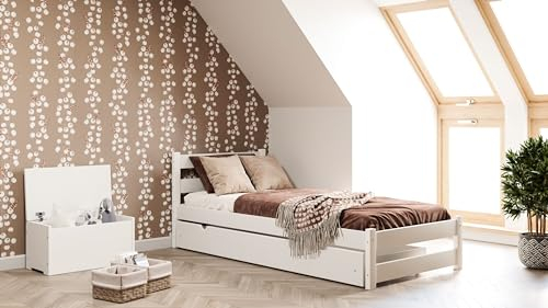 MEBLE WRÓBEL Kinderbett 80x190 cm in Weiß - Jugendbett Bett - Einzelbett aus Kiefernholz, MDF & HDF - mit Lattenrost - Tagesbett ohne Matratze