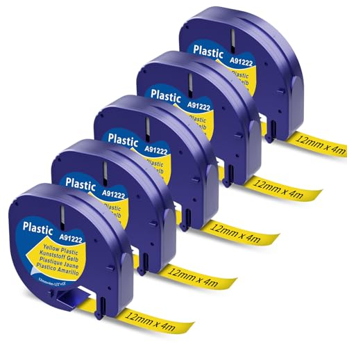 Aken A91222 Schriftband 12mm x 4m Kompatibel mit Dymo LetraTag Etikettenband Gelb, Kompatibel mit Dymo LetraTag LT-100H LT-100T LT-110T QX50 XR XM 200B Beschriftungsgerät, Schwarz auf Gelb