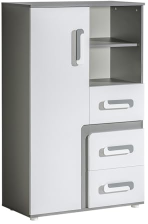 MINIO go for it - Vitrinenschrank Arezzo 6, 85 x 136 x 40 cm, Glasvitrine mit Tür und 3 Schublade, 3 Einlegeböden, Ideal Stehend Möbel für EIN Kinderzimmer - Anthrazit/Weiß