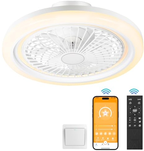 NACATIN Ventilador De Techo Con Luz y Control Remoto, Ventilador Techo Moderno de Acrílico de Silencioso con Luz LED y Regulación Continua de la Intensidad (Blanco, Cerrado)