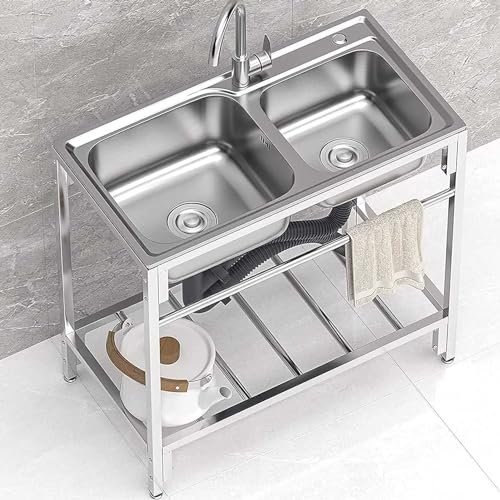 Fregadero comercial de 2 compartimentos, fregadero doble y estante debajo, mesa de acero inoxidable 304 con fregadero, fregadero independiente para restaurante, tienda