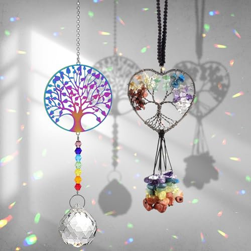 Lebensbaum Deko Kristall Sonnenfänger - Kristall Regenbogen Hängedekoration Fenster Windspiel Anhänger Lebensbaum Heimdekoration