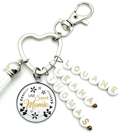Cadeau Mamie, porte clés Super Mamie personnalisé avec prénoms perles alphabets bijoux de sac prénom