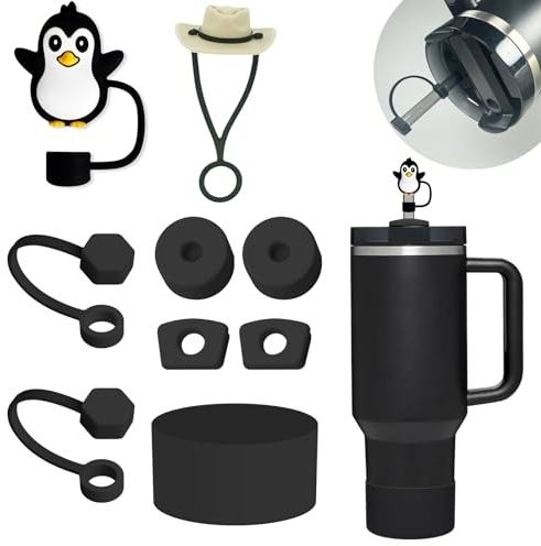 BonneChance Stanley Cup Accessories Set Including 6 Pcs Silicone Spill Proof Stopper, 2 Pcs Straw Cover Cap for 9-10 mm Straws, 1 Pcs Silicone Boot for Stanley Cup Stanley 40oz & 30oz Tumbler (BLACK)