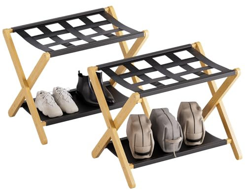 HITNET Porte-bagages pliable, lot de 2, support de valise en bambou pour chambre d'amis, porte-bagages d'hôtel robuste en forme de X avec étagère de rangement en tissu et sangles en nylon, naturel
