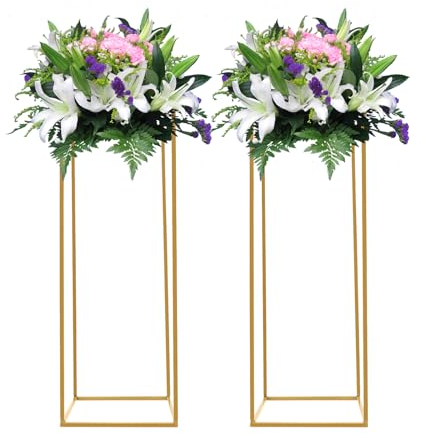 Konfiur 2 Stück Blumenhalter, 28*28*80cm Gold Hochzeit Blumenständer, Rechteckige Blumenständer, Blumentreppe-Set, Säulen Pflanzenständer, Mittelstücke Blumenständer für Hochzeit Loft Dekoration