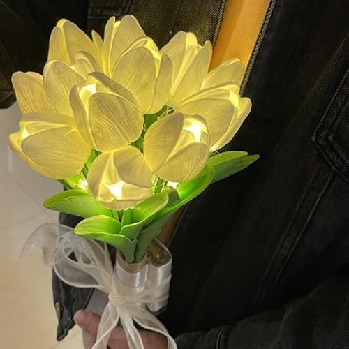 SUAVER Künstliche Blumen Tulpe mit LED-Leuchten Tulip Bouquet,Gefälschter Tulpenstrauß Echte Berührungsblumen,batteriebetrieben Urlaub HochzeitFotografie Home Dekoration Geschenke (10, Gelb)