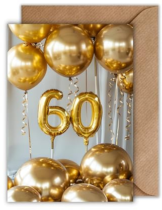 WBdesignz 60. Geburtstag Karte mit Umschlag - Elegante Geburtstagskarte zum 60ten Geburtstag “Happy Birthday Gold Ballons 60ter Geburtstag (DIN A6)