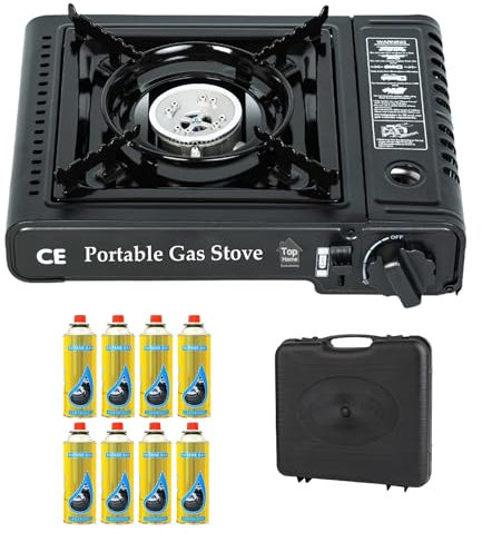 Top Home Solutions® Camping Stove - Portable Gas Stove Black With Carry Case & 8 Butane Gas Canisters, Heat Control, EN417 Compliant, Auto Ignition, Camping Cooker for Picnic, Garden & Outdoor