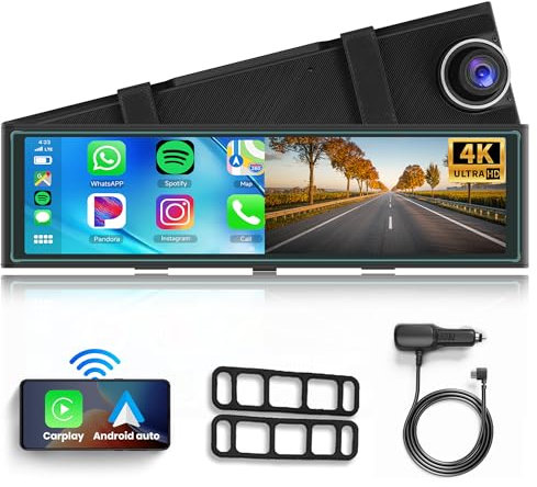 Rimoody 4K Spiegel Dashcam mit Wireless Carplay Android Auto, 11 Zoll IPS Touchscreen Dashcam mit 4K Frontkamera Airplay/Android Cast/Bluetooth/FM Sender/G-Sensor/Loop-Aufnahme/WIFI Video/Einparkhilfe