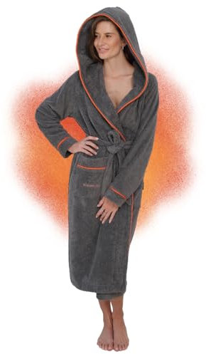 ELEVAVIDA Bademantel Damen mit Kapuze aus kuscheliger Baumwolle grau - extra weich und bequem - Größe L - Frottee Sauna Bademantel lang - OEKO-TEX zertifiziert