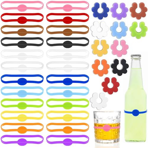 Glasmarkierer, 48 Stück Gläser Markieren Silikon, Wiederverwendbare Glasmarkierung, 12 Farben Glas Markierung, Bunte Weinglas Marker für Weinglas Flasche Cup Trinkglas Cocktail Bar Party Dekoration