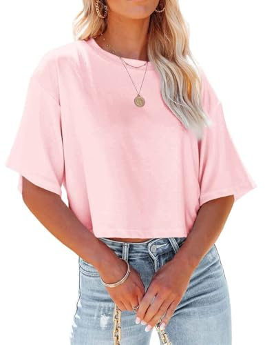 Suncife Maglietta da Donna per Allenamento Crop Top Manica hlaf Casual Basic Allentata t-Shirt t-Shirt, Rosa, XL