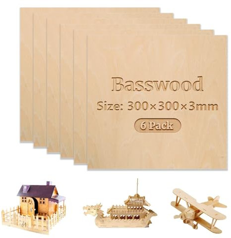 Uadme Sperrholz 3mm, 6 Stück 30cm x 30cm Sperrholzplatte Laser Holz, Holzplatten zum Basteln für DIY Heimdekorationen, Familienschilder, Modelle und Malprojekte (Lindeholz)