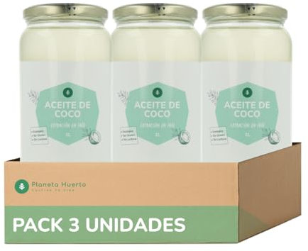 PLANETA HUERTO | Pack 3x Aceite de Coco Virgen Extra Ecológico 860 ml, Prensado en Frío, 100% Natural, Sin Aditivos - Aceite de Coco Ideal para Cocinar, Repostería, Dietas Veganas y Uso Cosmético