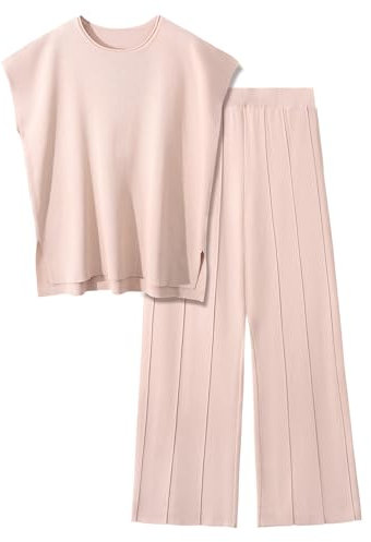 PASUDA Zweiteiler Damen Elegant Pullover Sets Hausanzug Strickpullover Tops Elastische Taille Weites Hose Lounge Sets Rundhalsausschnitt Outfit Freizeitanzug Trainingsanzug (Khaki, M)