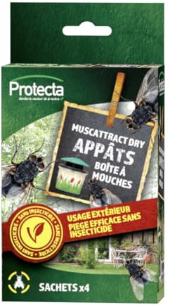 Protecta® - 4 Appâts Mouches – Recharge Boîte à Mouches Réutilisable – Poudre Mouillable Efficace – Solution Anti-Mouches pour Extérieur et Abords de Maison – sans Insecticide