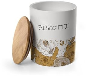 MECSAL CASALINGHI Barattolo Biscottiera, Porta Biscotti, Contenitore Cucina, in Ceramica Quadrato Rotondo, Tappo in Legno, bianco (1, ROTONDO LUX)