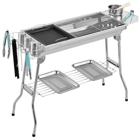 Grill Barbecue Portable en Acier Inoxydable, Barbecue de Charbon de Bois avec Moule chauffante, Double Surface de Cuisson, étagère de Stockage,