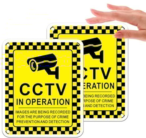 Goodvia CCTV Sign Alu Metal Sticker 4.7x3.9 Inches, CCTV Warning Signs Outdoor Waterproof, UV Resistant and Anti-rust Yellow x2pcs
