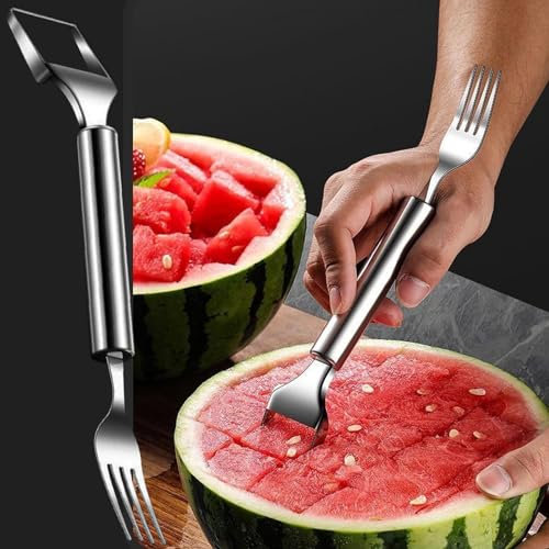 Watermelon Slicers, Stainless Steel 2-in-1 Watermelon Fork, Fruit Cutter Slicers, Portable Melon Cutter Tool for Home Party Camping Kitchen Gadget (1)