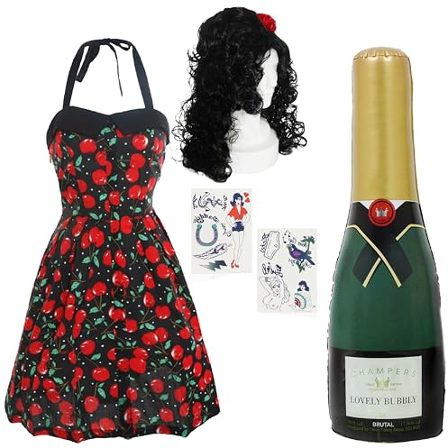 Diva Fancy Dress Set - Small/Medium - Cherry Halter Dress, Curly Wig, Inflatable Champagne Bottle & Temporary Tattoos - 2000s Costume for Hen Nights & Parties