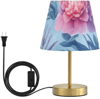 Autumn Flowers Peonies Osteospermum Gladiolus Table Lamp 3 Colors Modes Nightstand Lamps with Fabric Linen Shade for Dining Room Kids Room, Bulb Included