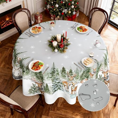 Axlyca Weihnachtstischdecke Rund 140 cm, Tischdecke Weihnachten Abwaschbar Rentier Snowman, Weihnachts Tischdecke Wasserabweisend Fleckschutz für Weihnachtsessen Party Küchendekoration