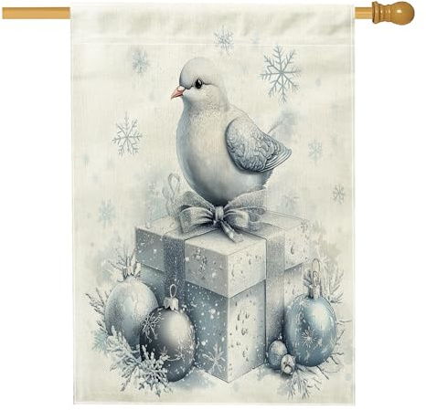 Vertikale Hausflaggen mit weihnachtlichen Tauben, Vogel für Vorgarten, Hinterhof, Leinen, 71 x 101 cm, doppelseitig für draußen, luxuriöse Weihnachtsgeschenkbox, Heimdruck, Flagge
