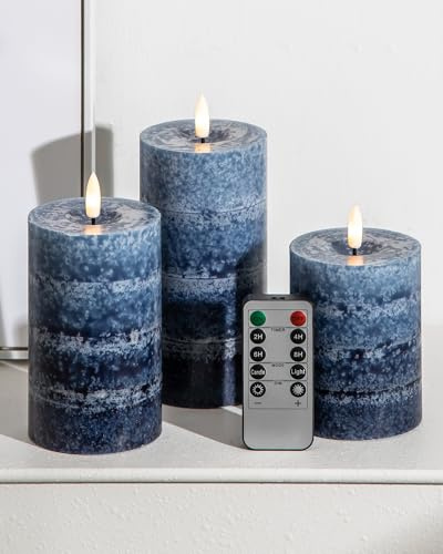 Stmarry Gradient Navy Blue Flameless Candles with Remote and Timer, Real Wax Made LED Pillar Candles Battery Operated with 3D Flickering Flame, 3 x 4, 3 x 5, 3 x 6, Navy Blue Decor, Set of 3