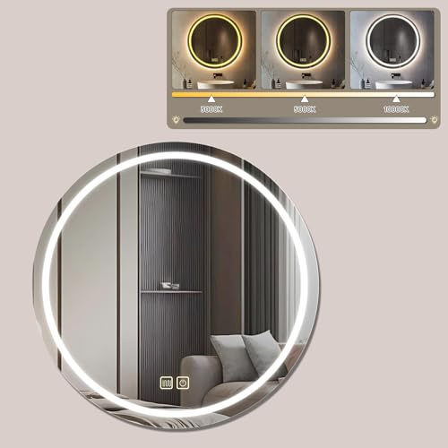 MCLWSQ Miroir de Salle de Bain LED avec éclairage, Miroir Rond avec éclairage, 3 Couleurs de lumière à intensité Variable, Miroir de Salle de Bain avec Interrupteur Tactile et Anti-buée, 3000K-10000K