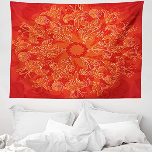 ABAKUHAUS Red Mandala Wandteppich, Vibrant Gekritzel-Kunst aus Weiches Mikrofaser Stoff Waschbar ohne Verblassen Digitaldruck, 150 x 110 cm, Scharlachrot Orange