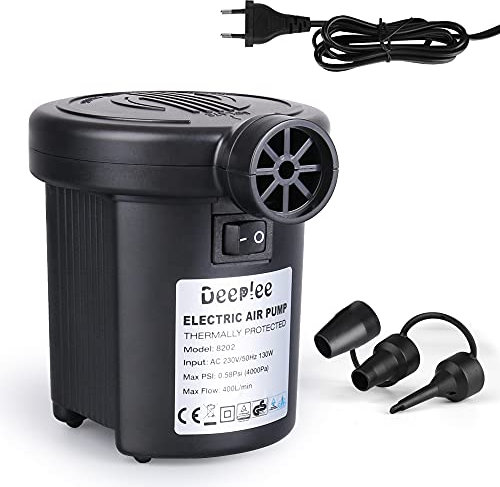 Deeplee Bomba de Aire Eléctrica, 2 en 1 Inflador Eléctrico 130W de Alta Potencia Colchones Inflables/Deflactor para Piscinas, Barcos, Juguete Inflado, 3 Boquillas Incluidas