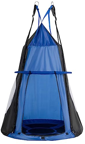 COSTWAY Ø 100cm Nestschaukel mit Zelt, Gartenschaukel bis 150kg belastbar, Kinderschaukel mit Tür und Fenster, Schaukel für Indoor und Outdoor, inkl. höhenverstellbarem hängendem Seil (Blau)